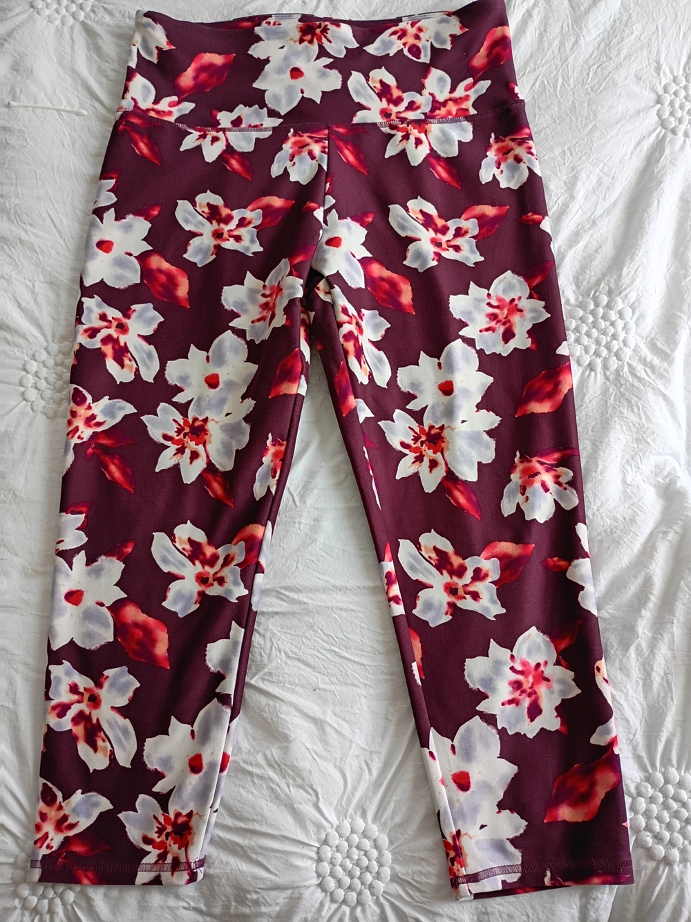 Balance Collection Maroon Floral Capri Leggings with White & Red Blooms